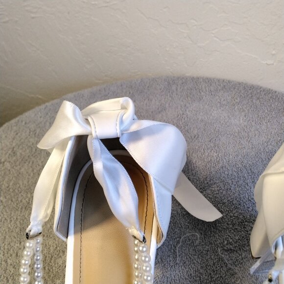 Adorose White Satin Heels Block with Pearl Ankle Straps Size 10 with Bow Bridal - Picture 6 of 14